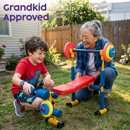 Hurtle Kids Exercise Bench Set - Sturdy Iron Frame With Adjustable Barbell Rack, Foam-Based Weights, And Fun Fitness Play For Ages 3-8 | Perfect For Playrooms And Home Gyms