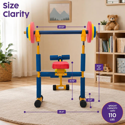Hurtle Kids Exercise Bench Set - Sturdy Iron Frame With Adjustable Barbell Rack, Foam-Based Weights, And Fun Fitness Play For Ages 3-8 | Perfect For Playrooms And Home Gyms