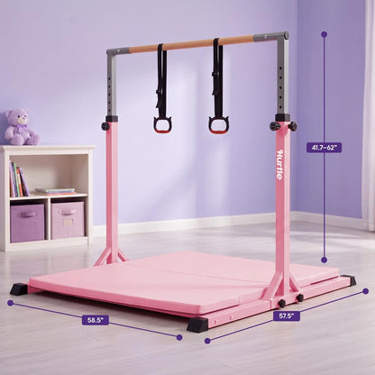 Hurtle Foldable Gymnastics Bar With Adjustable Height, Large Mat, Non-Slip Base, And Supports Up To 220 Lbs., Ideal For Home Use, Training, And Kids Ages 6+ (Pink)