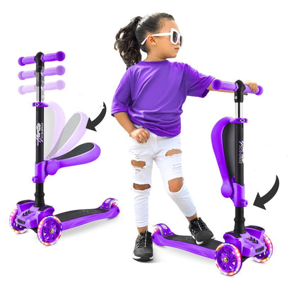 Kids Scooter with Seat, LED Wheels, Adjustable Height, Purple