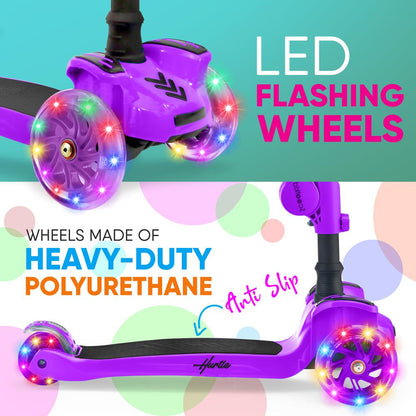 Kids Scooter with Seat, LED Wheels, Adjustable Height, Purple