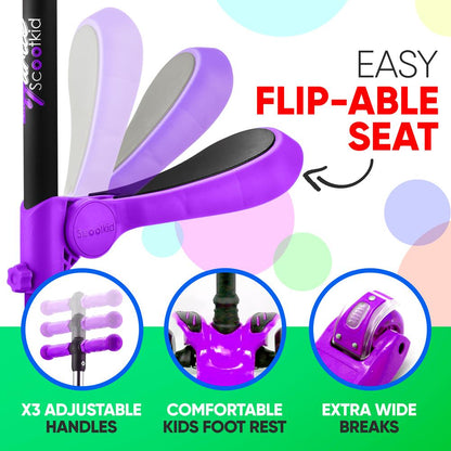 Kids Scooter with Seat, LED Wheels, Adjustable Height, Purple