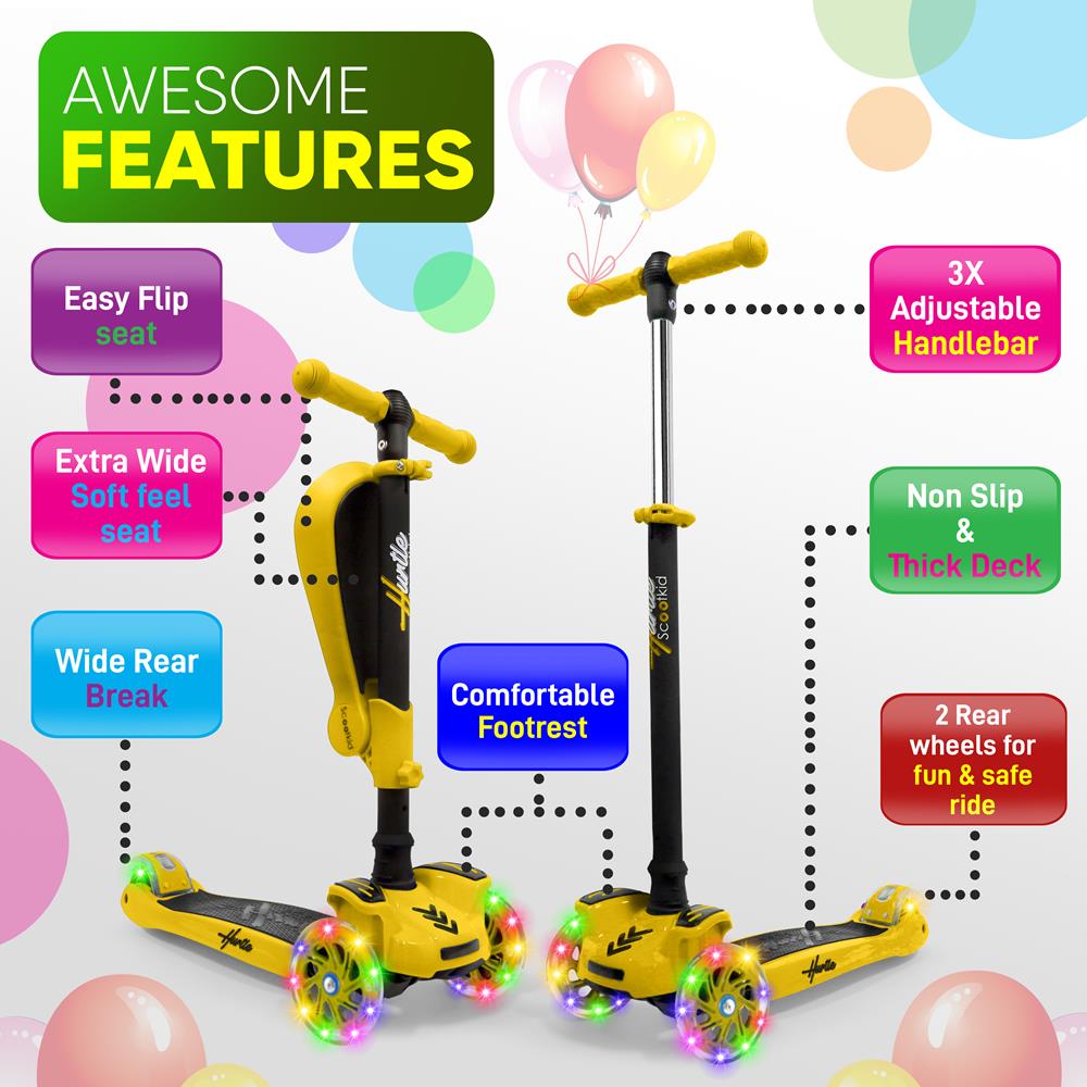 3-Wheel Kids Scooter with LED Lights, Adjustable Handlebar, Yellow