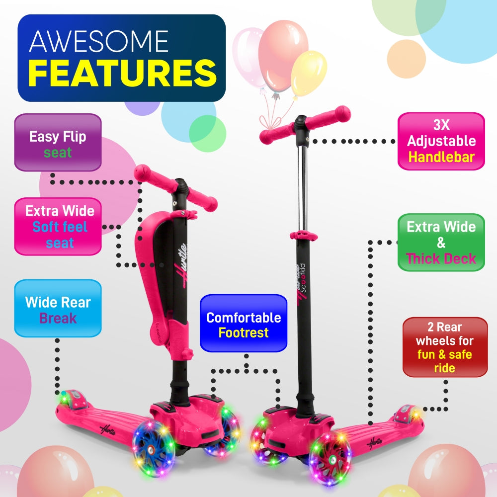 Kids Scooter with Seat, LED Wheels, Adjustable Height, Pink – Pyle USA