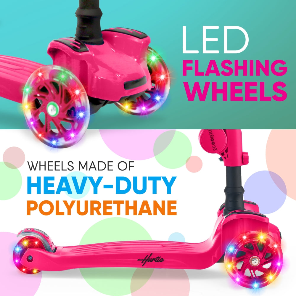 Kids Scooter with Seat, LED Wheels, Adjustable Height, Pink – Pyle USA