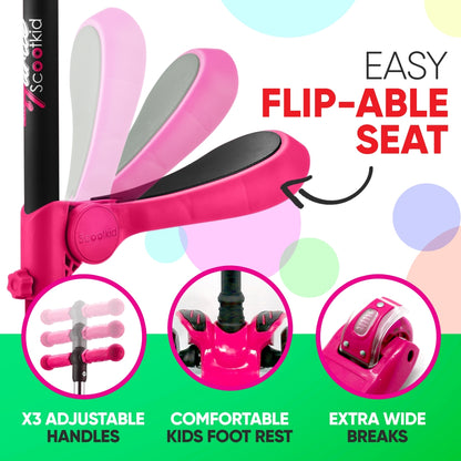 Kids Scooter with Seat, LED Wheels, Adjustable Height, Pink