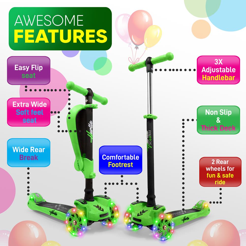 Kids Scooter with Seat, LED Wheels, Adjustable Height, Green