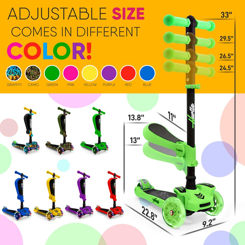 Kids Scooter with Seat, LED Wheels, Adjustable Height, Green