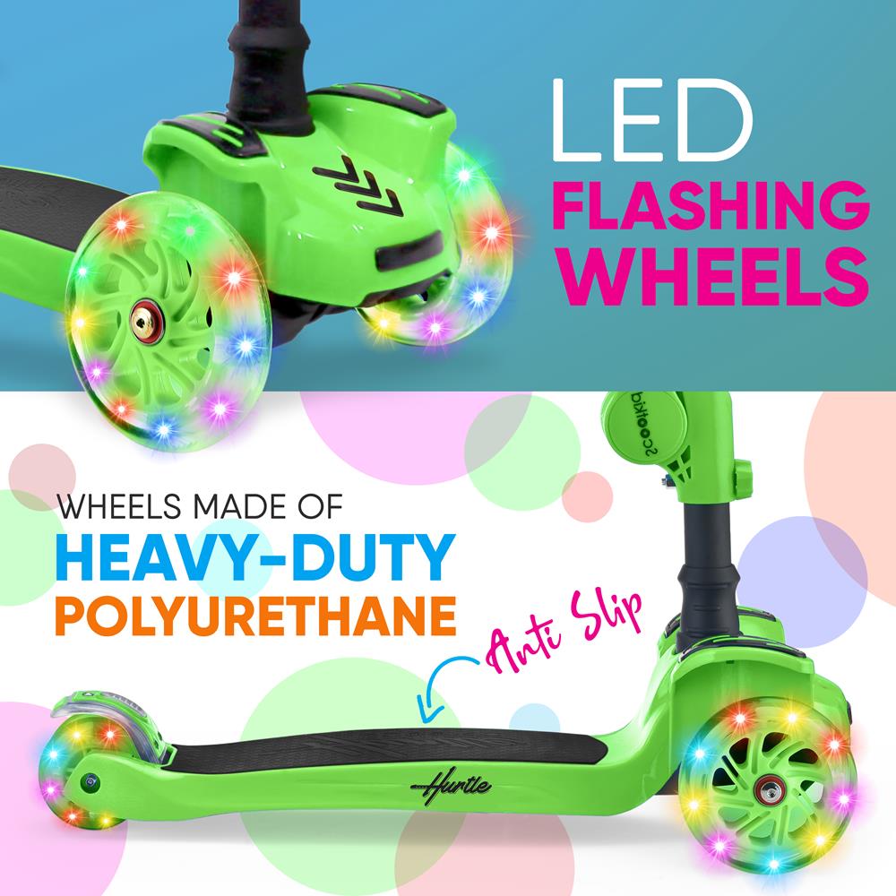 Kids Scooter with Seat, LED Wheels, Adjustable Height, Green
