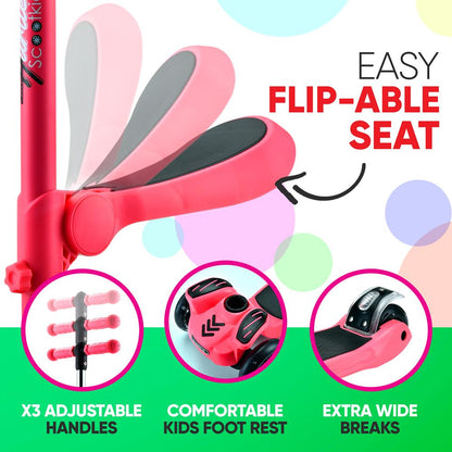 Kids Scooter with Seat, LED Wheels, Adjustable Height, Watermelon