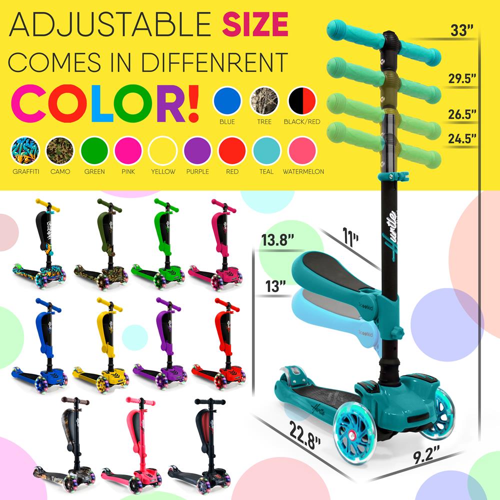 Kids Scooter with Seat, LED Wheels, Adjustable Height, Teal – Pyle USA