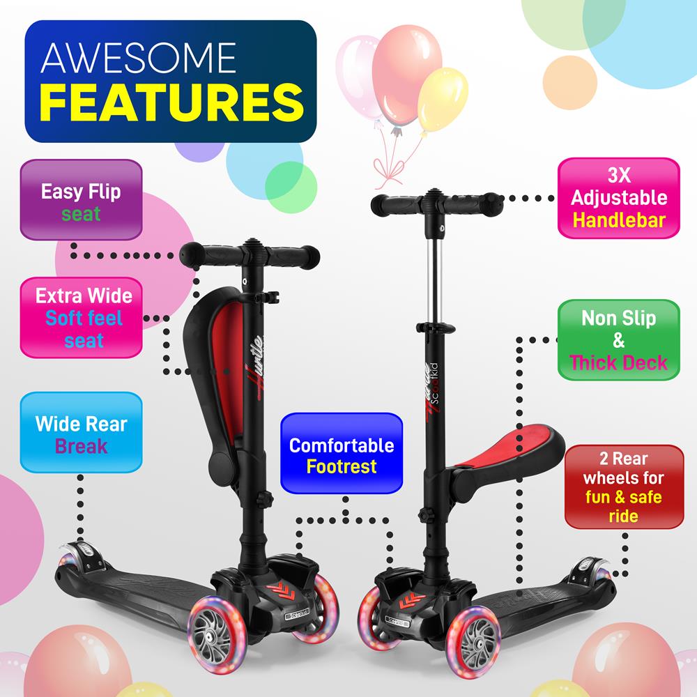 Kids Scooter with Seat, LED Wheels, Adjustable Height, Ages 1+