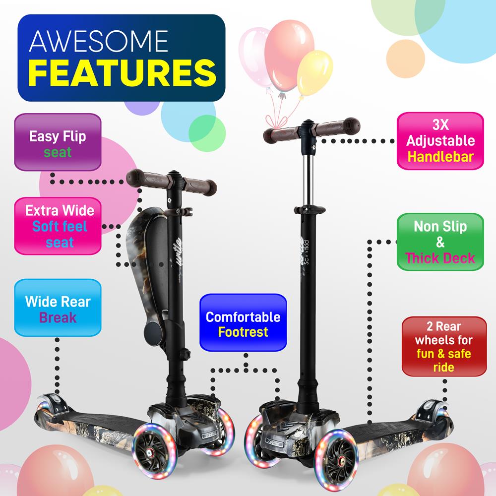 Kids Scooter with Seat, LED Wheels, Adjustable Height, Real Tree