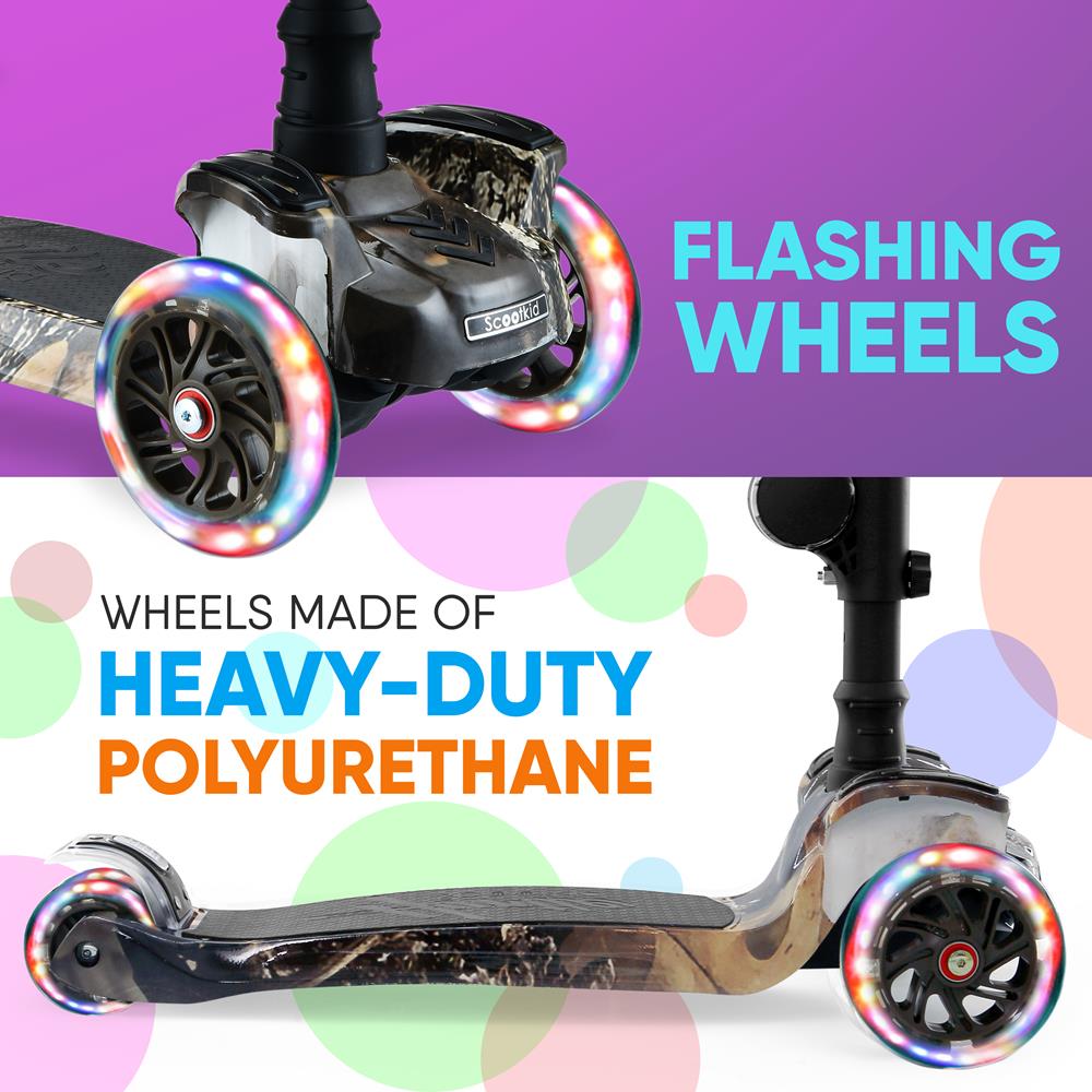 Kids Scooter with Seat, LED Wheels, Adjustable Height, Real Tree