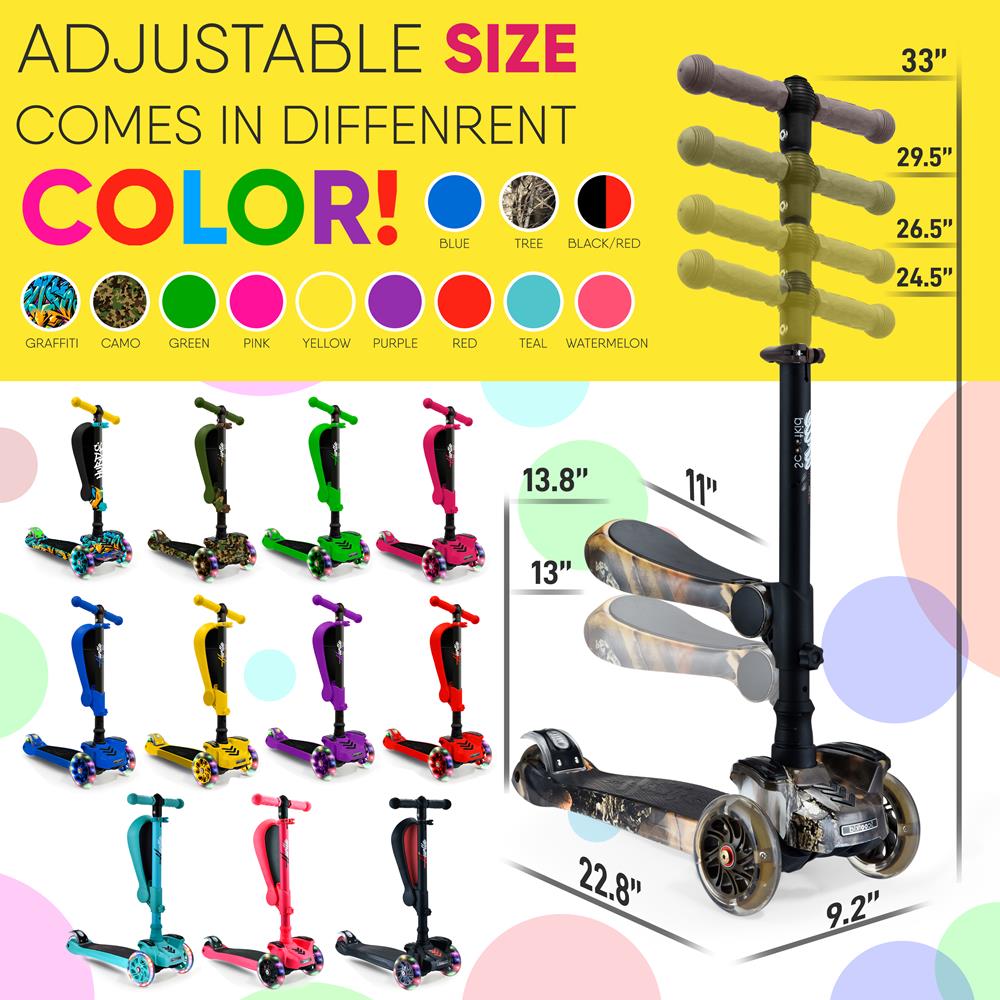 Kids Scooter with Seat, LED Wheels, Adjustable Height, Real Tree