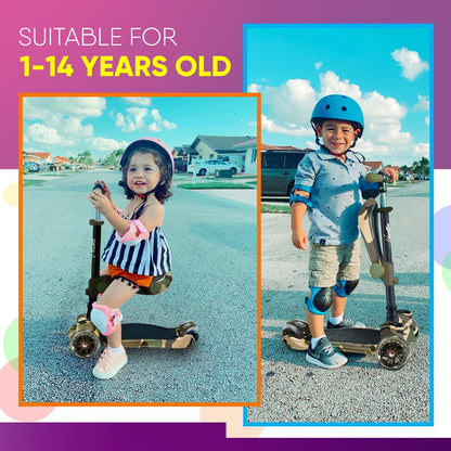 Kids Scooter with Seat, LED Wheels, Adjustable Height, Camouflage