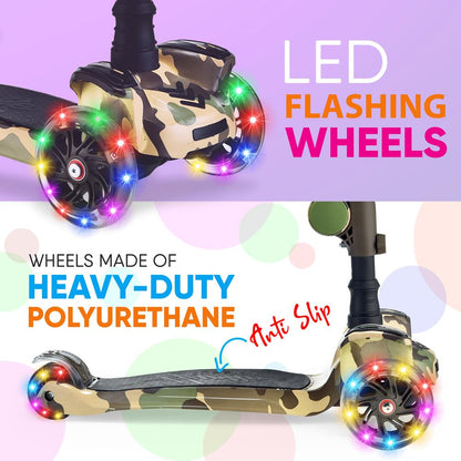 Kids Scooter with Seat, LED Wheels, Adjustable Height, Camouflage