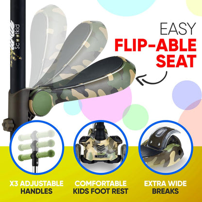 Kids Scooter with Seat, LED Wheels, Adjustable Height, Camouflage