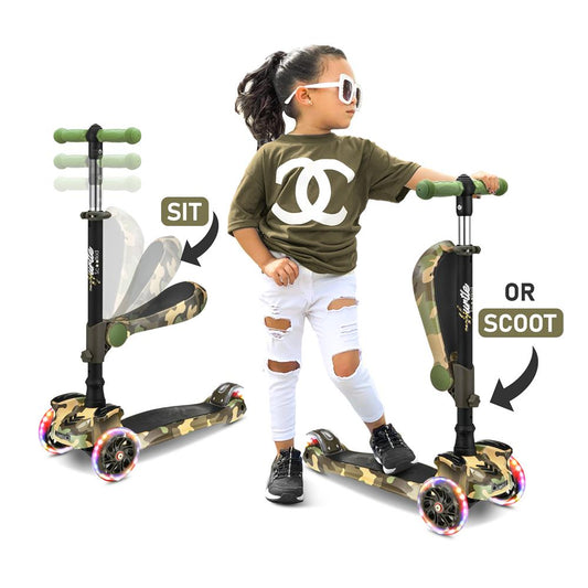 Kids Scooter with Seat, LED Wheels, Adjustable Height, Camouflage