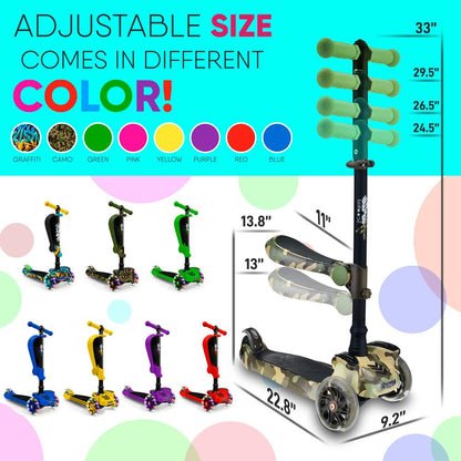 Kids Scooter with Seat, LED Wheels, Adjustable Height, Camouflage