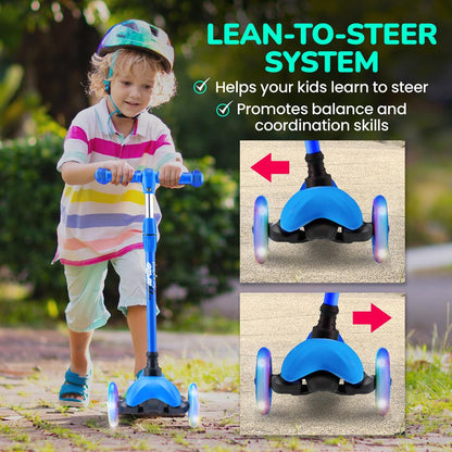 Kids Mini Kickboard Scooter, Adjustable, LED Wheels, Ages 2-5, Blue