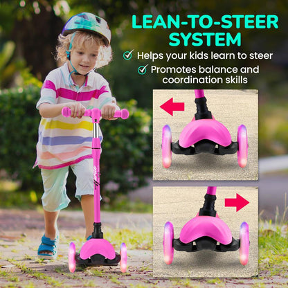 Lightweight And Adjustable Mini Kickboard  Scooter With Led Light Wheel For Kids (Pink)