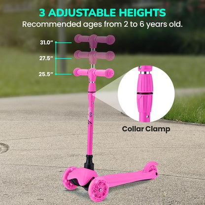 Mini Kickboard Scooter for Kids, LED Wheels, Adjustable Height, Pink