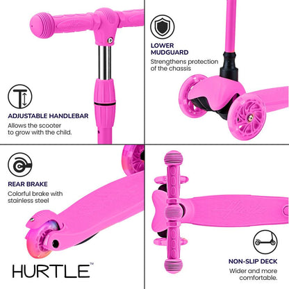 Mini Kickboard Scooter for Kids, LED Wheels, Adjustable Height, Pink