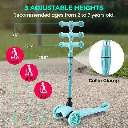 Kids Mini Kickboard Scooter, Adjustable, LED Wheels, Anti-Slip, Teal
