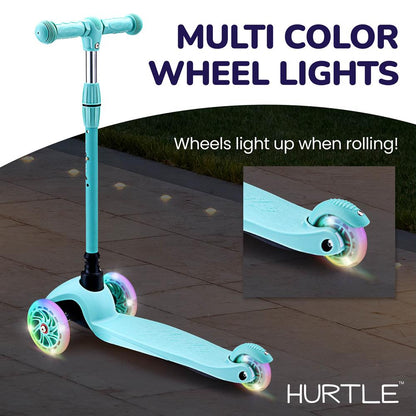Kids Mini Kickboard Scooter, Adjustable, LED Wheels, Anti-Slip, Teal