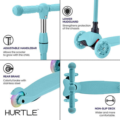 Kids Mini Kickboard Scooter, Adjustable, LED Wheels, Anti-Slip, Teal