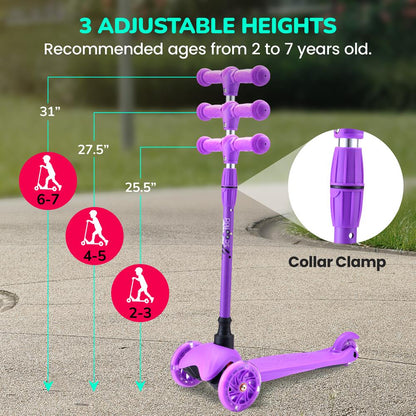 Kids Mini Kick Scooter, LED Wheels, Adjustable Handlebar, Purple