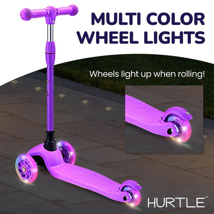 Kids Mini Kick Scooter, LED Wheels, Adjustable Handlebar, Purple