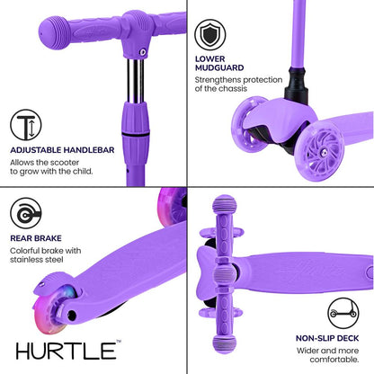 Kids Mini Kick Scooter, LED Wheels, Adjustable Handlebar, Purple