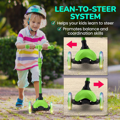 Mini Kickboard Scooter for Kids, Adjustable, LED Wheels, Green