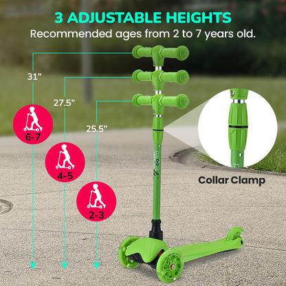 Mini Kickboard Scooter for Kids, Adjustable, LED Wheels, Green