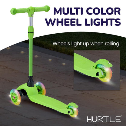 Mini Kickboard Scooter for Kids, Adjustable, LED Wheels, Green