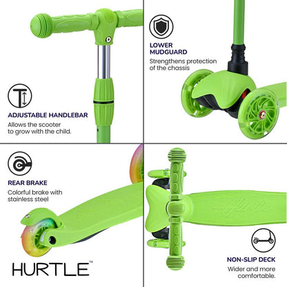 Mini Kickboard Scooter for Kids, Adjustable, LED Wheels, Green