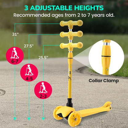 Mini Kickboard Scooter for Kids, Adjustable, LED Wheels, Yellow