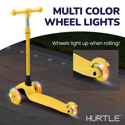 Mini Kickboard Scooter for Kids, Adjustable, LED Wheels, Yellow