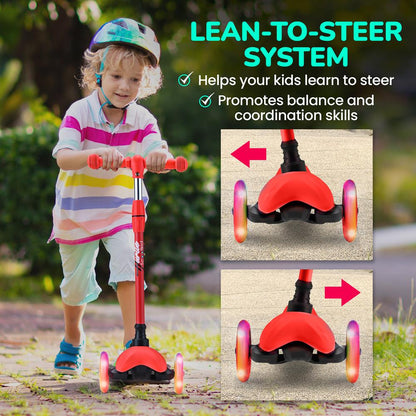 Kids Mini Kickboard Scooter, Adjustable, LED Wheels, Anti-Slip, Red