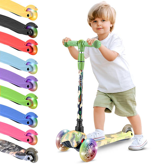 Kids Mini Kick Scooter, Fun LED Wheels, Adjustable Handlebar, Camo