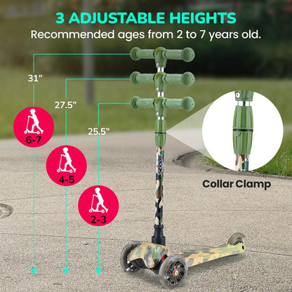 Kids Mini Kick Scooter, Fun LED Wheels, Adjustable Handlebar, Camo