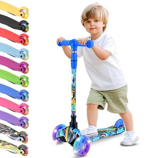 Kids Mini Kick Scooter, Fun LED Wheels, Adjustable Handlebar, Graffiti
