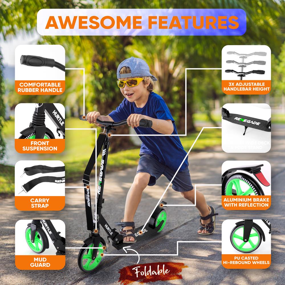 Kick Scooter for Teens & Adults, Adjustable Alloy Deck, Green