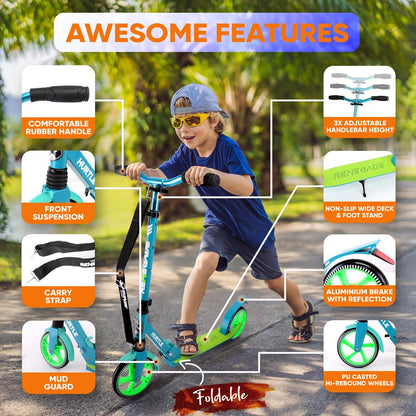 Foldable Kick Scooter for Teens & Adults, Smooth Alloy Deck, Teal Blue