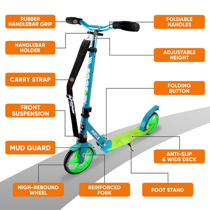 Foldable Kick Scooter for Teens & Adults, Smooth Alloy Deck, Teal Blue