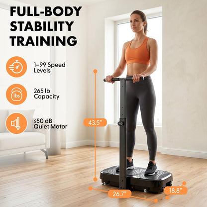 Hurtle Vibration Plate Machine With Handle Bar – Adjustable 1–99 Speeds, Quiet, Lightweight, With Remote And Preset Programs Portable For Home And Office (Black)