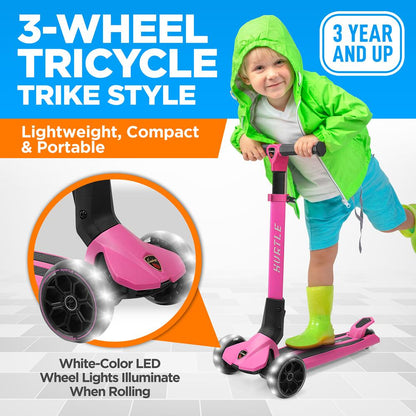 Kids 3-Wheel Scooter - Adjustable Height, LED Wheels, Pink