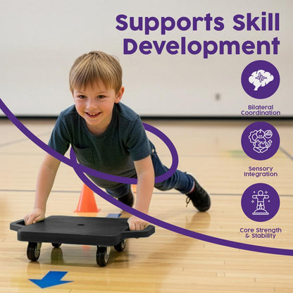Hurtle Kids Scooter Board - With Handles, Tow Strap, Smooth Casters, And Flat Round Cones For Indoor Play, Gym Classes, And Pe Activities (Black)